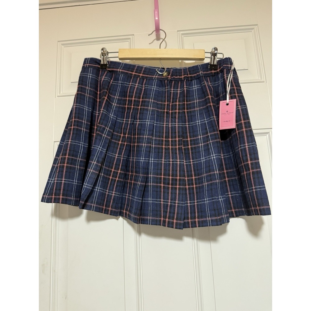 Simply Southern Pleated Mini Corduroy Skirt Womens size L Blue Plaid Preppy NWT